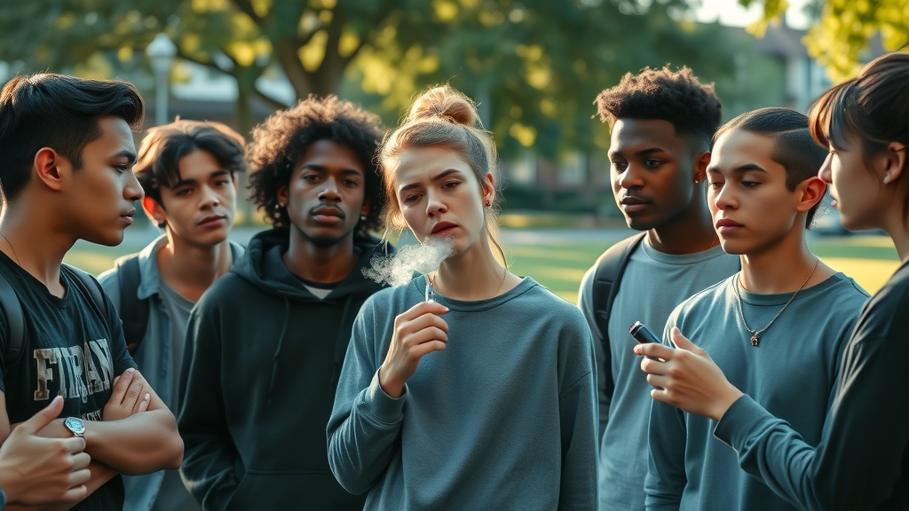diverse group of teenagers experiencing peer pressure to try a vape. Teen substance use risk factors. Cinematic urban park scene.