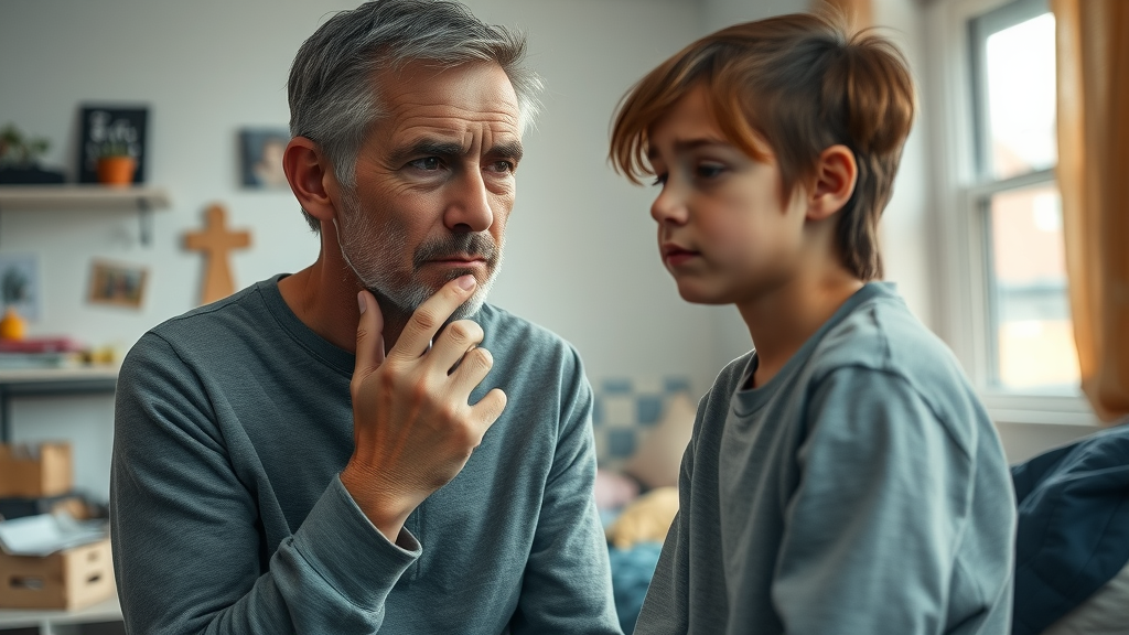 worried parent concerned about troubled teen in messy bedroom. Early warning signs of teen substance use. High-fidelity photorealistic home scene.