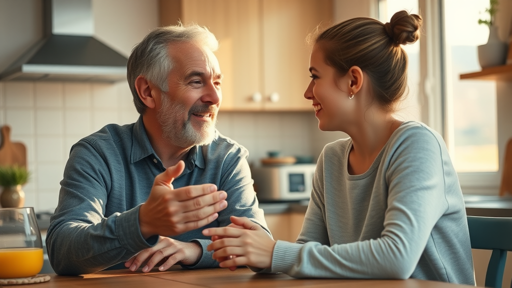 caring parent and teenage child talking openly at kitchen table. Prevention of teen substance use. Warm, lifelike home setting.