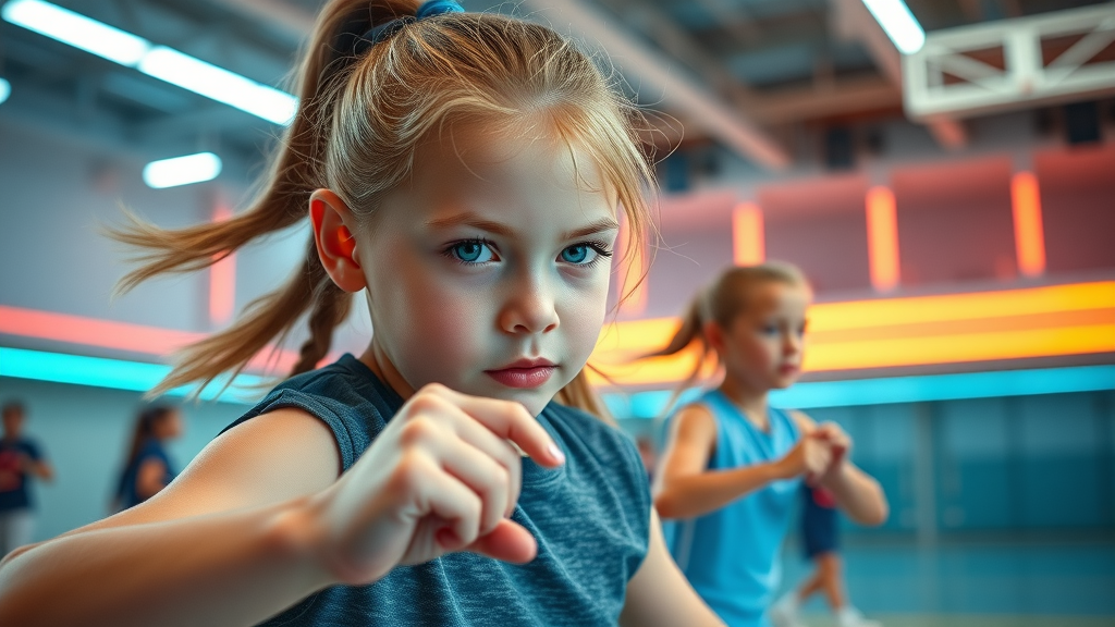 young girl participating in after-school sports activity. Building youth resilience against teen substance use. Futuristic recreational center gym.