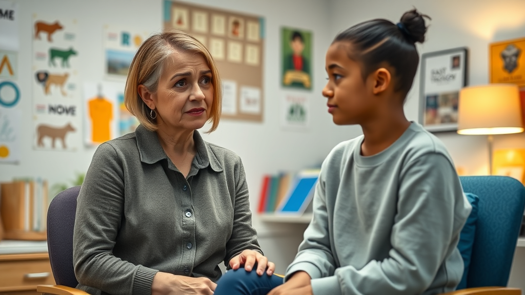 school counselor with empathetic expression supporting concerned teen. Community resources for teen substance use prevention. Welcoming office scene.