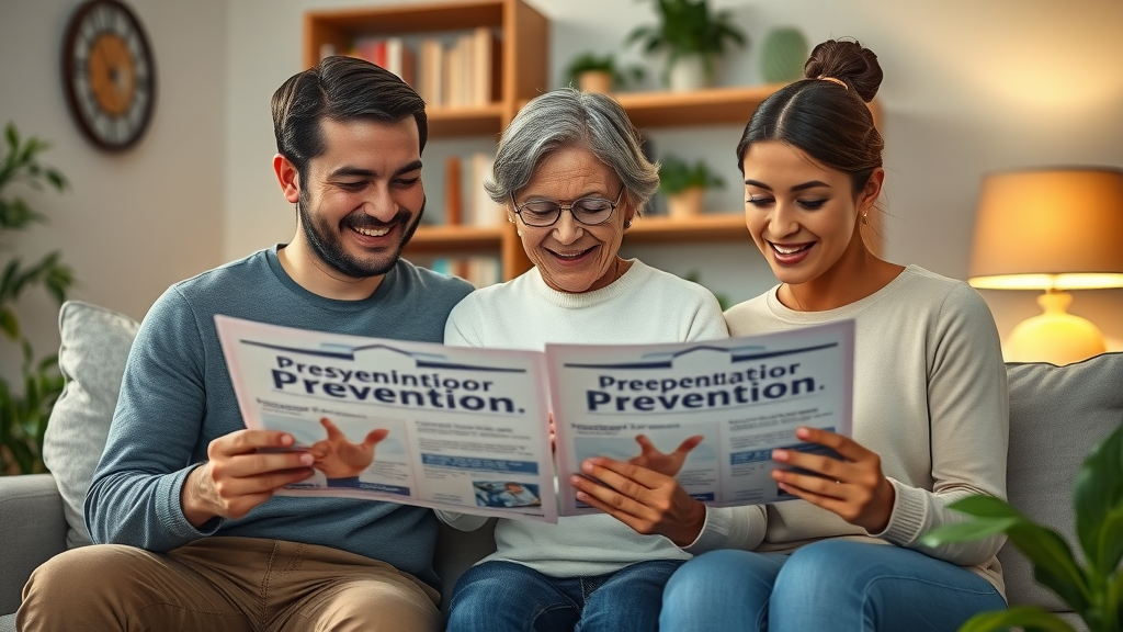 family of three reviewing prevention pamphlets together. Key takeaways for parents on teen substance use prevention. Lifelike living room setting with hopeful faces.