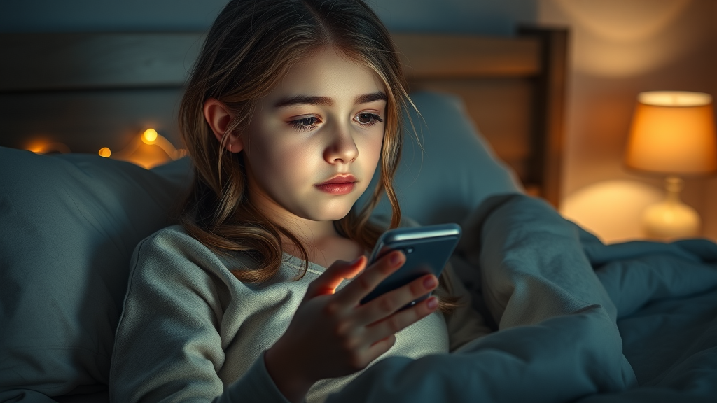 Realistic teen girl checking smartphone late at night in bed, tired yet focused expression, holding device up, Photorealistic High Fidelity Lifelike, cozy bedroom with dim fairy lights and blankets in background, highly detailed, conveying late-night scrolling, muted warm tones, soft bedside lamp lighting, shot with a 50mm lens.