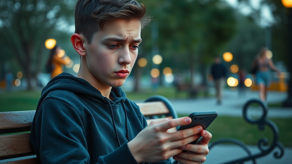 Thoughtful teenage boy, reflective expression, scrolling through smartphone with hint of concern, Cinematic, urban park bench with trees and blurred walkers in background, highly detailed, emotion-focused composition, subdued blue and green hues, natural evening lighting, captured with a portrait lens.
