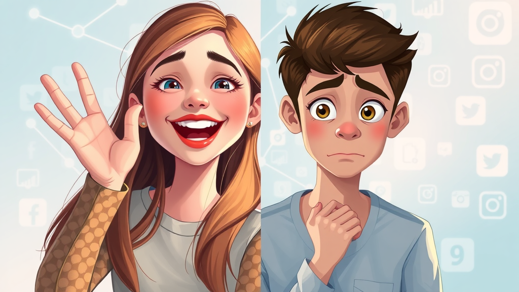 Split-screen concept: happy teen girl using fun photo filters vs. worried teen seeing negative comments, dynamic storytelling, 2D Cartoon style, abstract digital background symbolizing algorithm and social media icons, highly detailed, visual contrast between emotions, pastel tones, soft digital lighting, simulated digital painting.