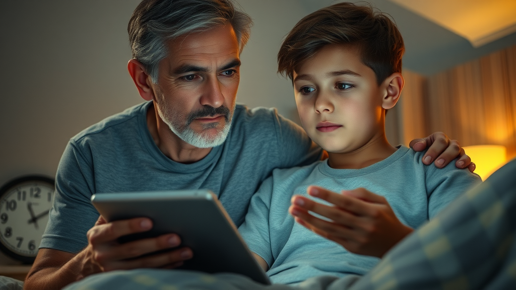 Concerned parent, gentle and caring expression, checking in on a teenager who is using a tablet late at night, Lifelike Cinematic, softly lit bedroom scene with clock showing late hour, highly detailed, relaxed home atmosphere, soft neutral tones, low warm bedside lamp lighting, captured with a 35mm lens.
