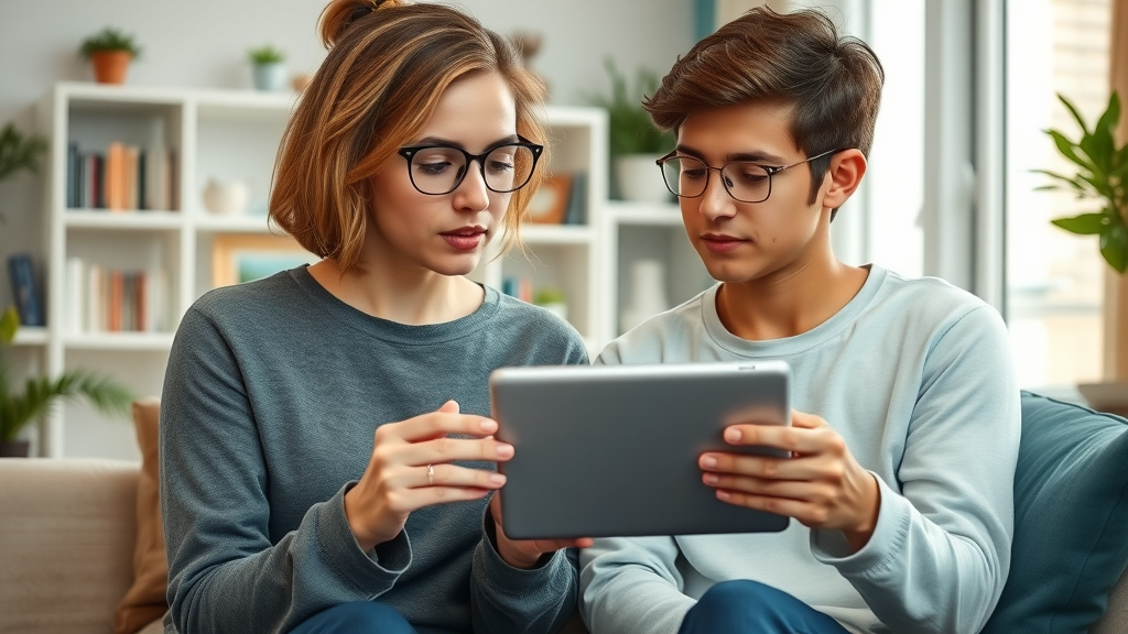 Empathetic mother and teenage son, calm discussion, jointly holding a tablet while reviewing social media settings, Photorealistic High Fidelity Lifelike, contemporary family living room with bookshelves and plants, highly detailed, gentle interaction, neutral tones, soft daylight filtered through window, shot with a 50mm lens.