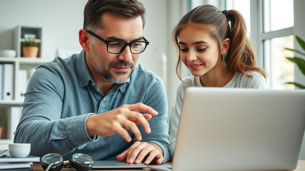 Attentive father setting up parental controls on a laptop with his teenage daughter, collaborative expression, demonstrating safe online practices, Photorealistic High Fidelity Lifelike, organized home study area with technological gadgets, highly detailed, practical family interaction, cool neutral palette, bright window lighting, shot with a 35mm lens.