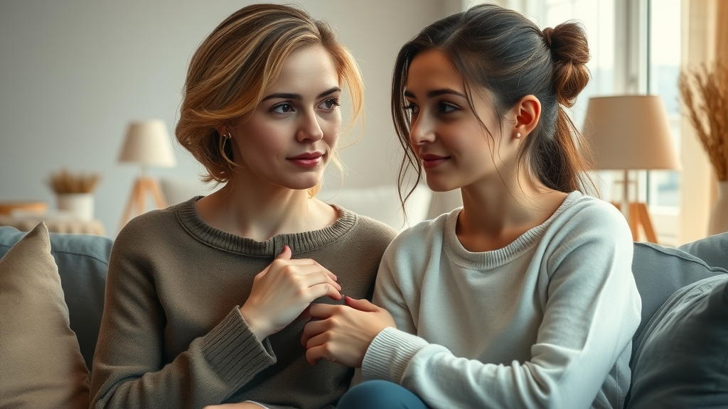 Parenting teens self care: thoughtful mother and teenage daughter sharing a quiet moment, cozy living room, gentle expressions, natural candid interaction, soft earth tones, diffused sunlight