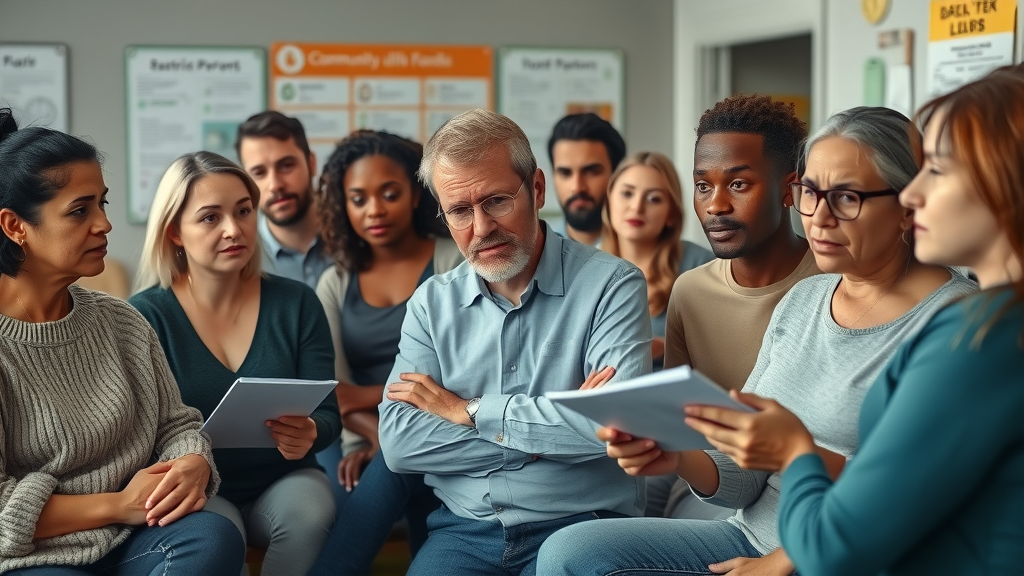 Parenting teens self care: diverse group of parents attentively listening to teen therapist, community center, neutral palette, supportive atmosphere