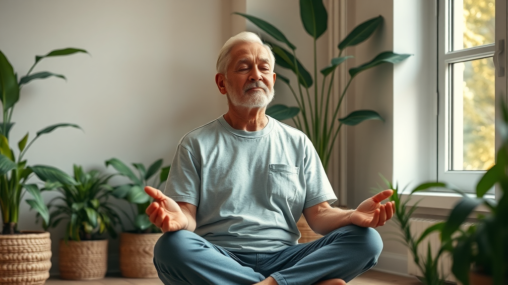 Parenting teens self care: mid-aged parent practicing mindfulness, tranquil home, peaceful expression, soft warm afternoon light, indoor plants