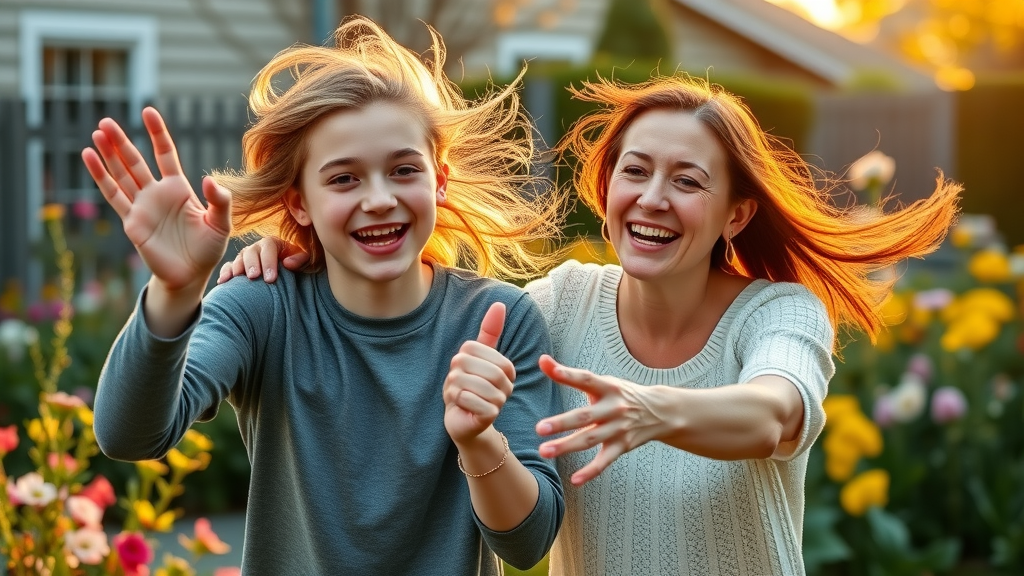 Parenting teens self care: confident teen and smiling parent enjoying an outdoor activity, lush garden, golden hour lighting, vibrant colors