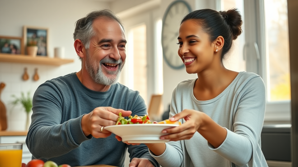 Parenting teens self care: joyful parent and teen sharing a healthy meal, sunlit kitchen, animated hands, warm pastels