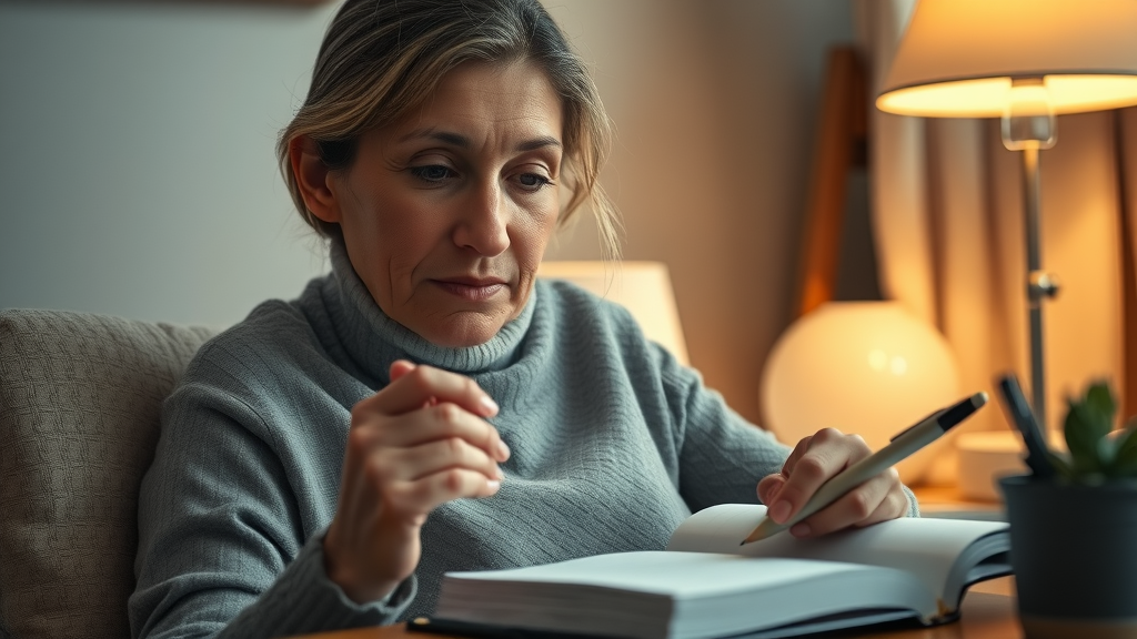 Parenting teens self care: serene parent journaling in a cozy study nook, relaxed expression, warm desk lighting