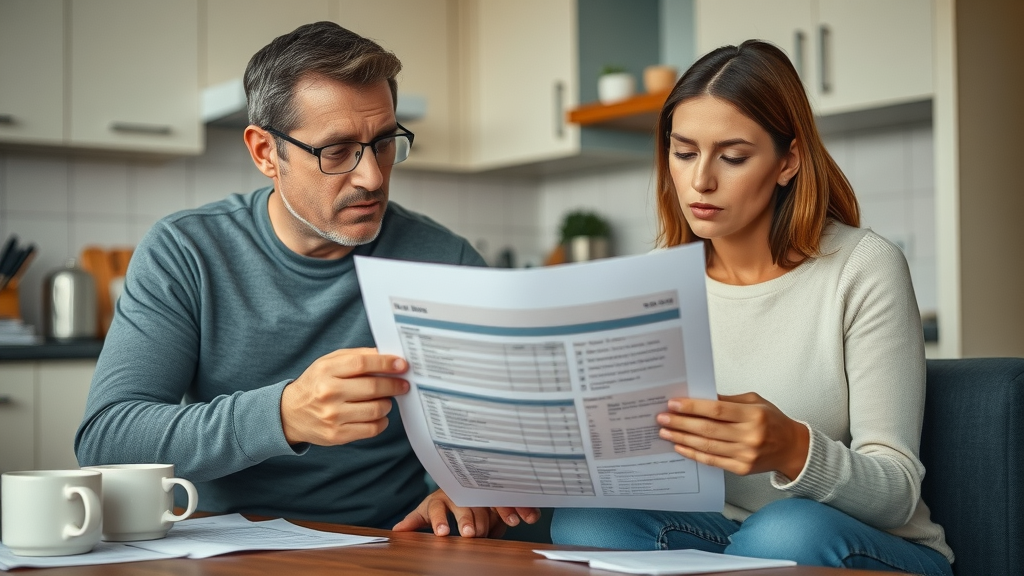 Concerned parents reviewing data on teen risky behaviors in a home kitchen, thoughtful expressions, printed report, coffee mugs, realistic morning light