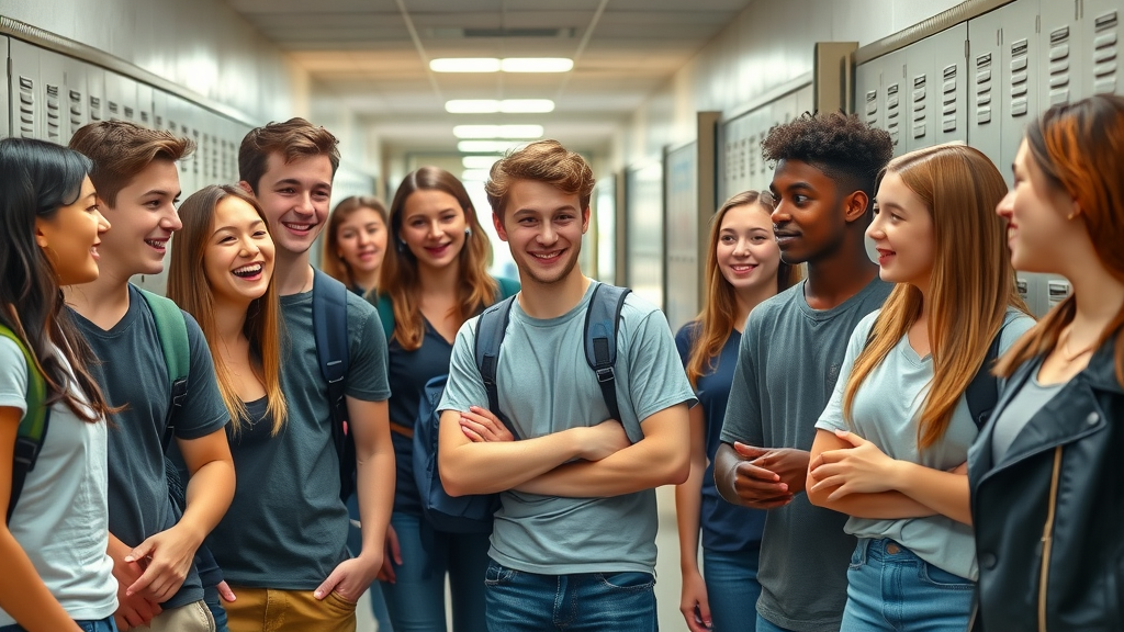 Diverse group of teenagers interacting in high school hallway, vibrant, natural adolescent social setting