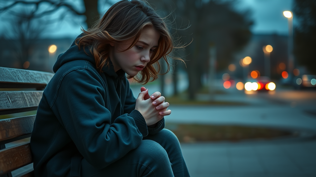 Teenager sitting alone with a troubled expression in an urban park, illustrating isolation and risk