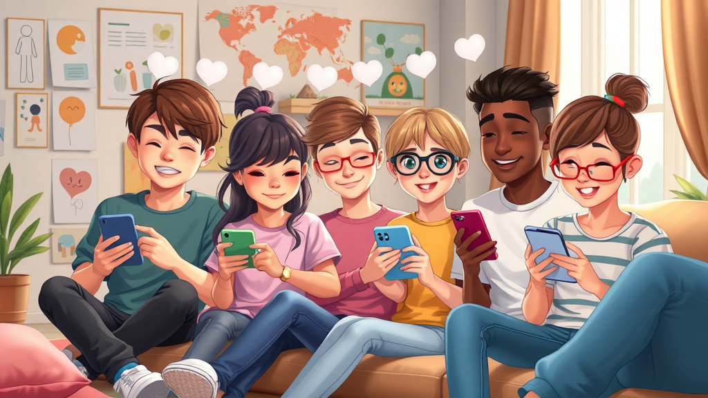 Group of teenagers checking social media on phones in a cozy living room, expressing mixed emotions related to peer pressure and media influence