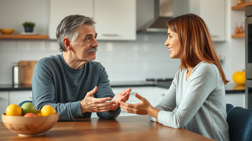 Empathetic conversation between parent and teen, building trust to prevent risky behaviors in a modern kitchen