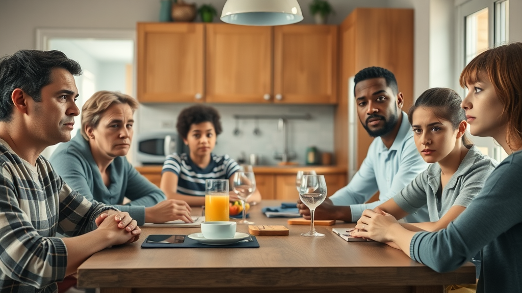Managing teen anger: diverse family in kitchen with frustrated teen, worried expressions, photorealistic scene with natural body language, warm daylight