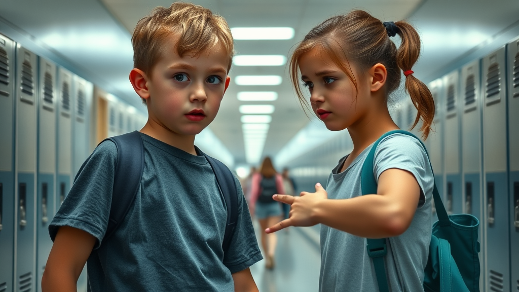 Teen anger: adolescent boy and girl frustrated in school hallway, photorealistic modern environment, calm lighting, realistic body language