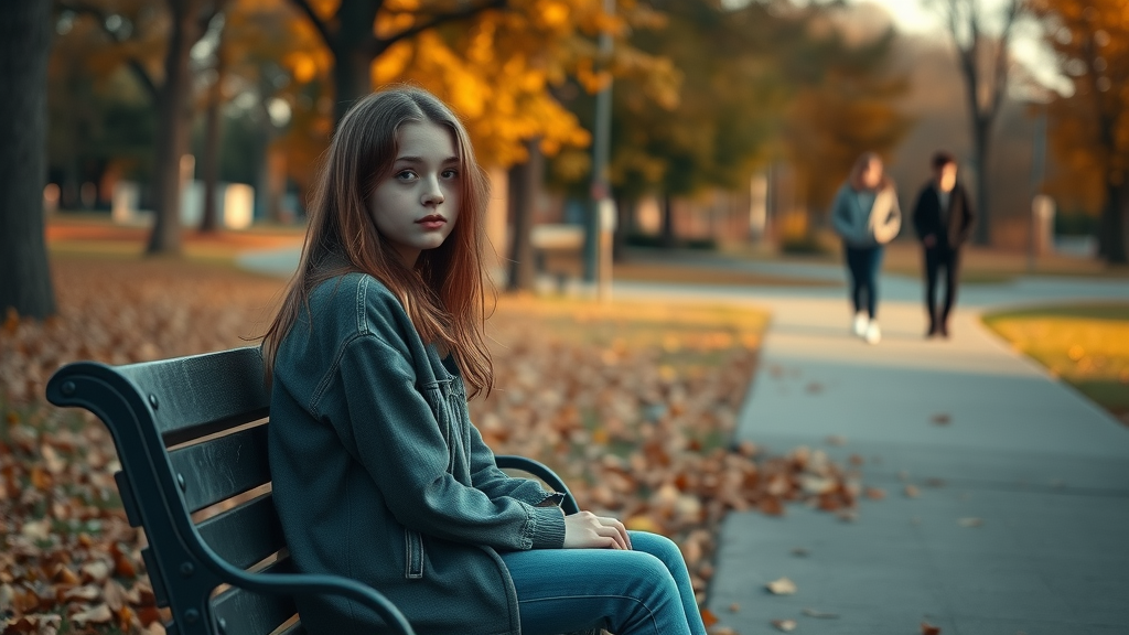 Problems with anger: teenage girl alone on park bench looking withdrawn, photorealistic, autumn setting, soft lighting, realistic emotional isolation