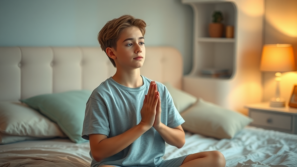 Anger management: calm teen practicing deep breathing in cozy bedroom, photorealistic, serene expression, soft indoor lighting