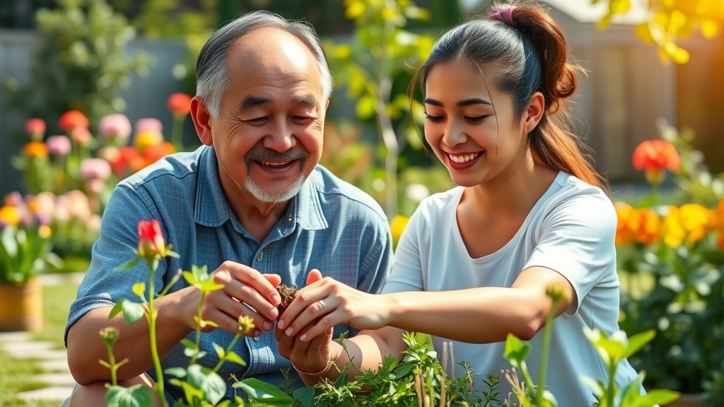 Model healthy behaviors: supportive parent and teen gardening together, photorealistic, relaxed body language, vibrant outdoor scene