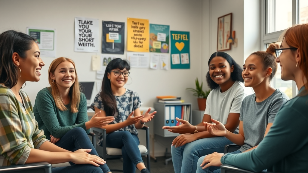 Child and adolescent interventions: multicultural teen support group with facilitator in modern counseling room, photorealistic, welcoming atmosphere