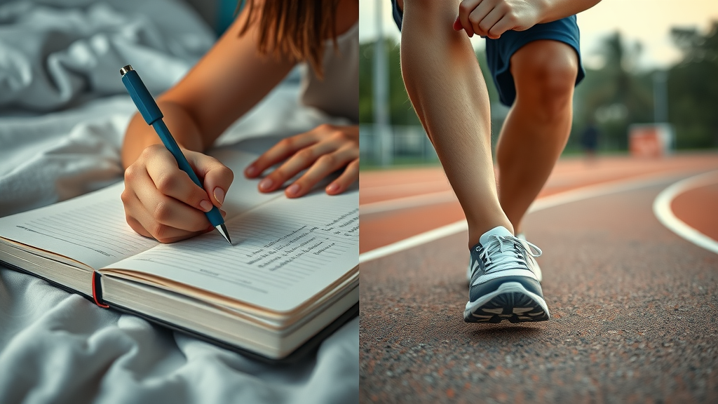 Anger management techniques: split image of teen journaling and another tying sneakers before exercise, action and reflection, photorealistic, balanced cool and warm lighting