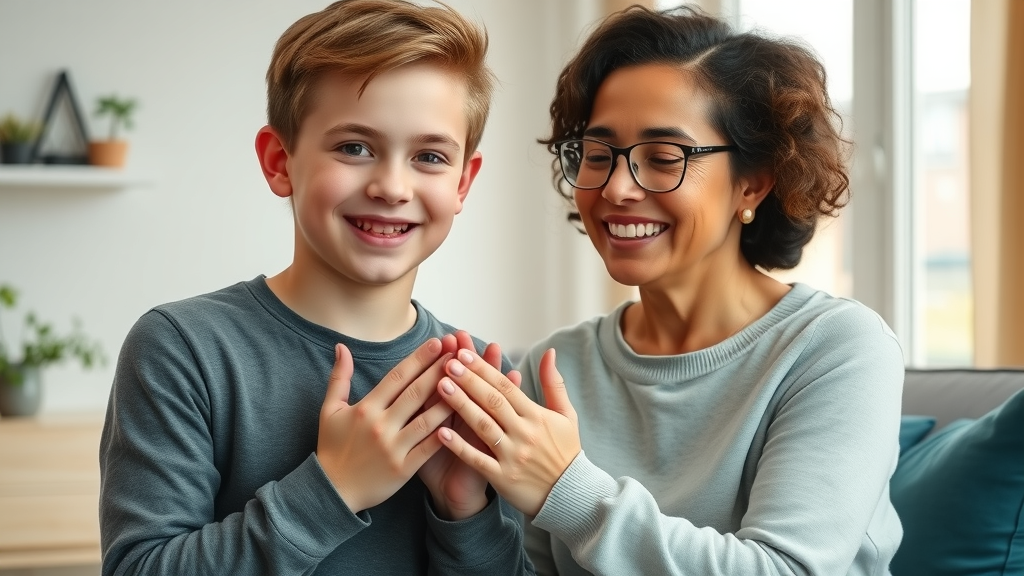 Managing teen anger: confident teen and supportive adult bonding after resolving conflict, photorealistic, peaceful, soft living room light