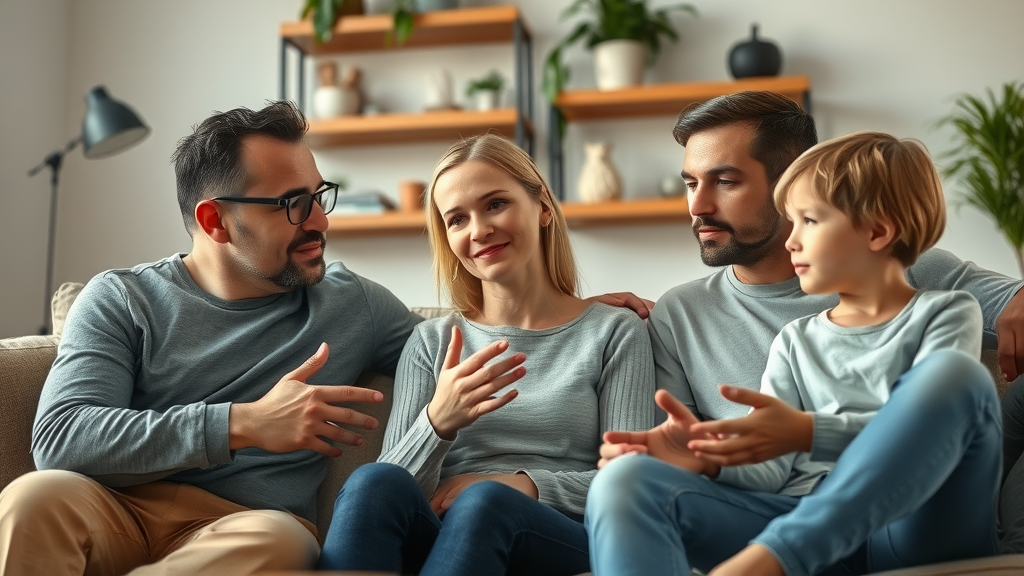 A candid family discussion about conflict resolution with teens in a warm, living room setting
