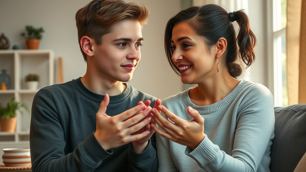 Teen and parent engaging in positive, eye contact and communication during conflict resolution at home