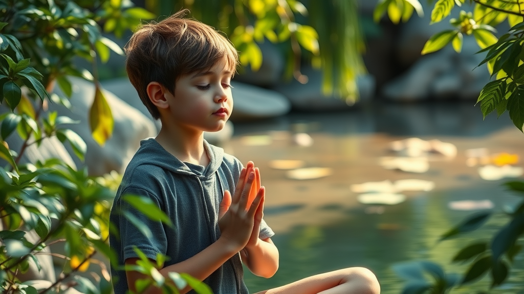 Calm teen practicing emotional regulation with breathing exercises in a peaceful garden to manage conflict