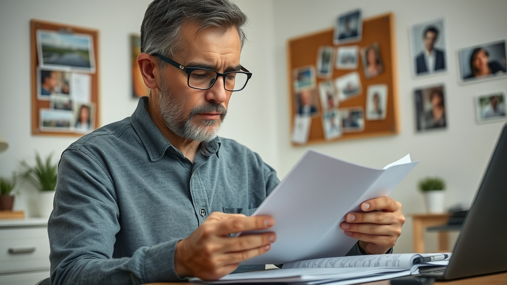 Introspective parent reviewing notes and recognizing unresolved conflict with teens in a home office setting