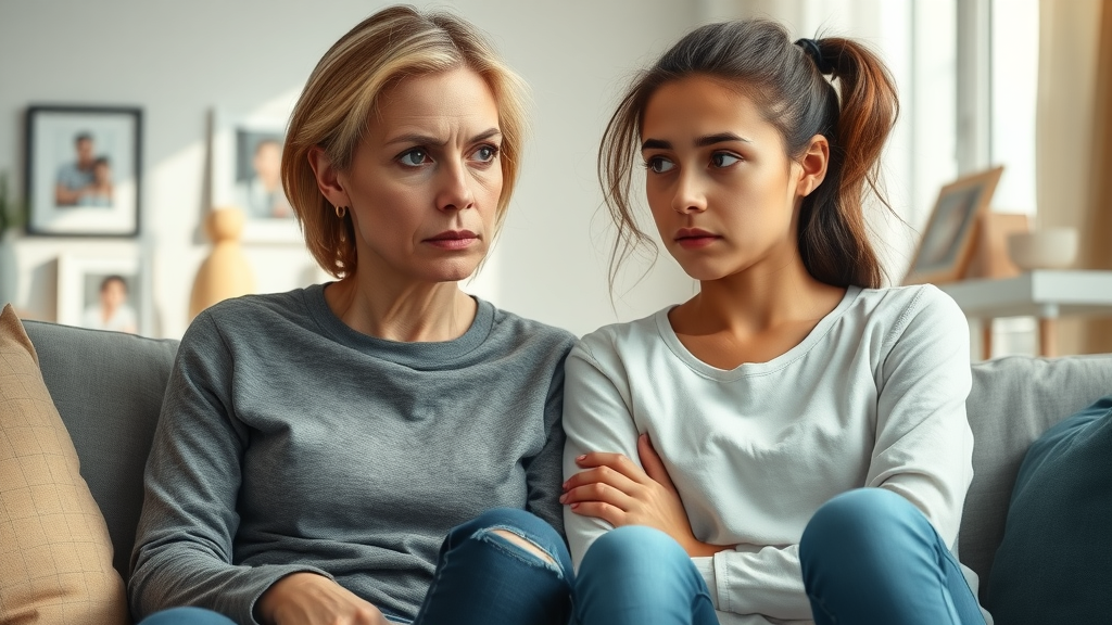 concerned mother and teenage daughter, serious expressions, sitting together on a living room couch, teen mental health support