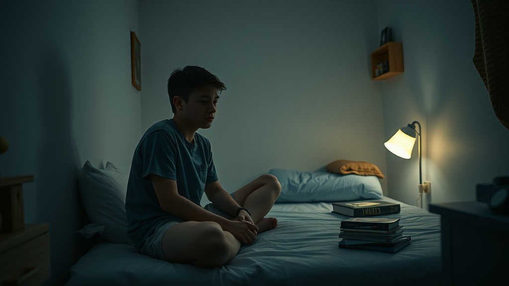 teenage boy alone, melancholy expression, sitting on his bed, teen mental health support