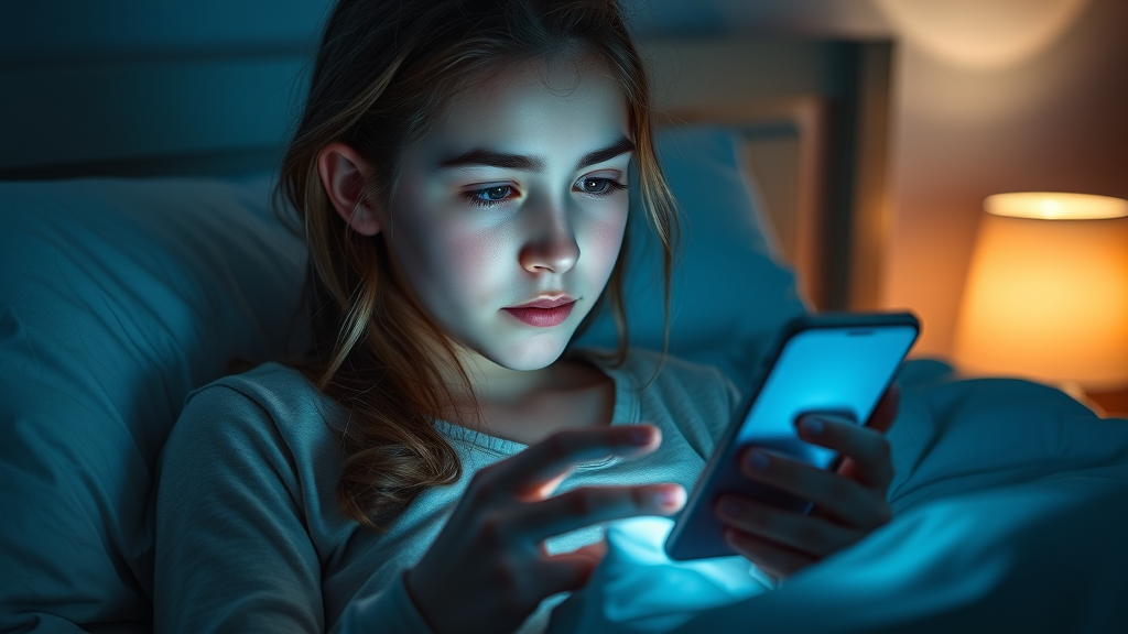 teen girl using smartphone, mixed feelings expression, scrolling social media in bed at night, teen mental health support