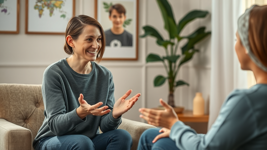 mental health professional, empathetic expression, offering counseling to a teen and parent, teen mental health support