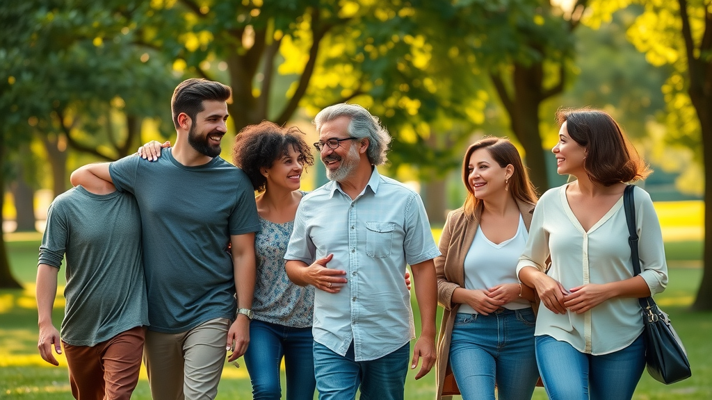 happy diverse family, supportive expressions, walking and talking together in a local park, teen mental health support