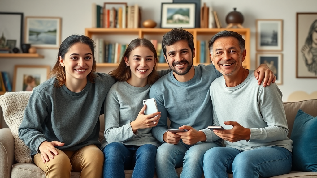 insightful family portrait, teens and parents smiling, displaying unity and connection, Photorealistic High Fidelity Lifelike, a comfortable living room with books and art pieces, highly detailed, subtle body language displays warmth, natural color, soft morning lighting, shot with a 50mm lens. Special Instructions: -Make sure faces, limbs, hands, and fingers are not disfigured and are positioned naturally -Do Not include text in the image