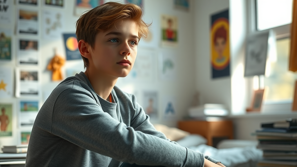 thoughtful adolescent, contemplative expression, sitting quietly and reflecting, Photorealistic High Fidelity Lifelike, modern bedroom with posters and books scattered, highly detailed, gentle sunlight through a window, soft pastel color, natural daylight, shot with an 85mm lens. Special Instructions: -Make sure faces, limbs, hands, and fingers are not disfigured and are positioned naturally -Do Not include text in the image