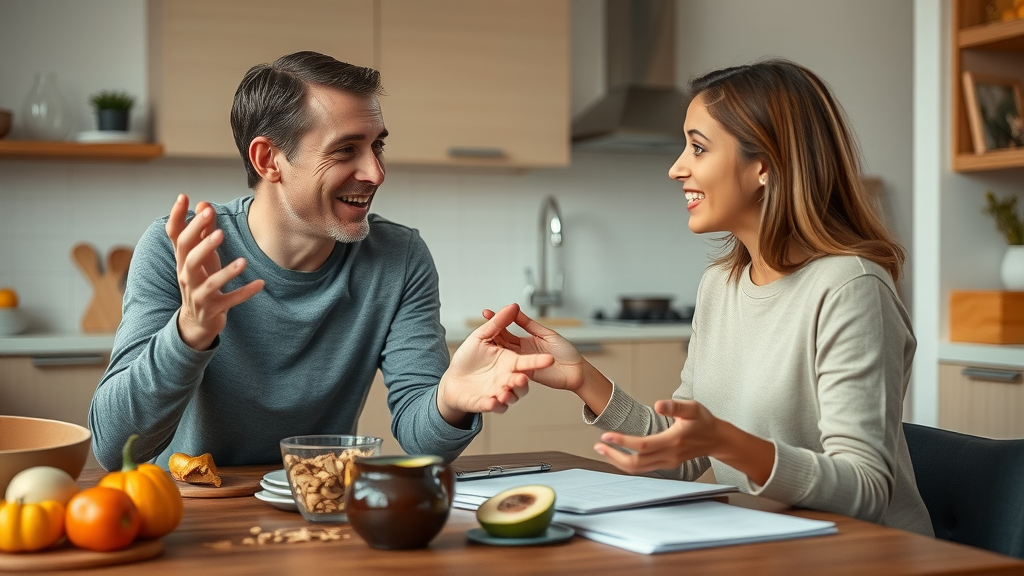 encouraging parent and teen, engaged expressions, discussing and gesturing with open hands, Cinematic, modern kitchen table with healthy snacks and homework, highly detailed, relaxed body posture and eye contact, warm autumn color palette, natural indoor lighting, shot with a 35mm lens. Special Instructions: -Make sure faces, limbs, hands, and fingers are not disfigured and are positioned naturally -Do Not include text in the image