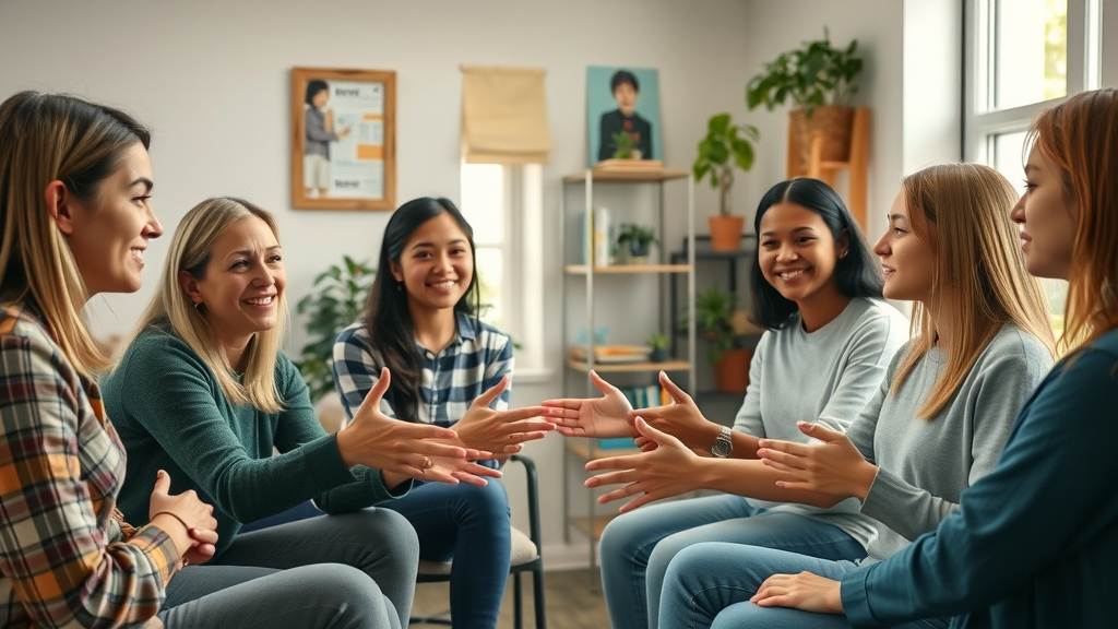 supportive group of adults and teens, collaborative expressions, in discussion circle, Cinematic, sunlit school counseling office with posters and plants, highly detailed, gestures indicating teamwork, balanced neutral color tones, soft morning lighting, shot with a 35mm lens. Special Instructions: -Make sure faces, limbs, hands, and fingers are not disfigured and are positioned naturally -Do Not include text in the image