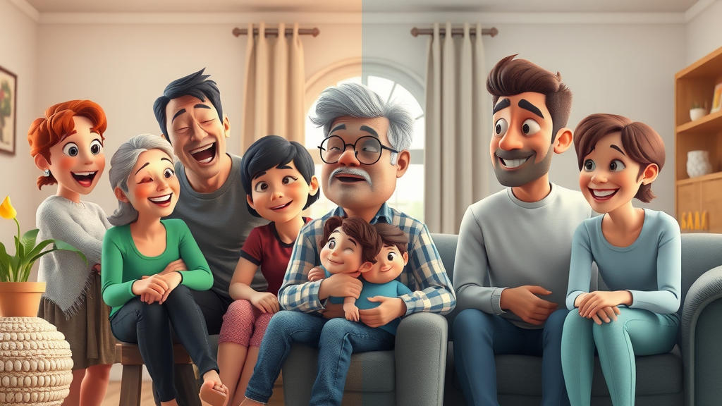 contrasting families, one side harmonious and engaged, other side distant and disengaged, comparison visually splitting the scene, 3D Cartoon, a home setting split in style (bright vs. muted), highly detailed, dynamic contrasting interactions, vibrant versus gray color palette, balanced lighting for each family, shot with a 24mm lens. Special Instructions: -Make sure faces, limbs, hands, and fingers are not disfigured and are positioned naturally -Do Not include text in the image
