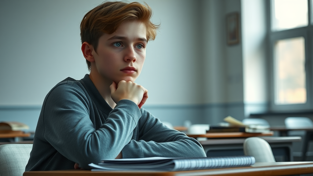 Somber teenager experiencing teen academic struggles, thoughtful expression at desk in high school classroom