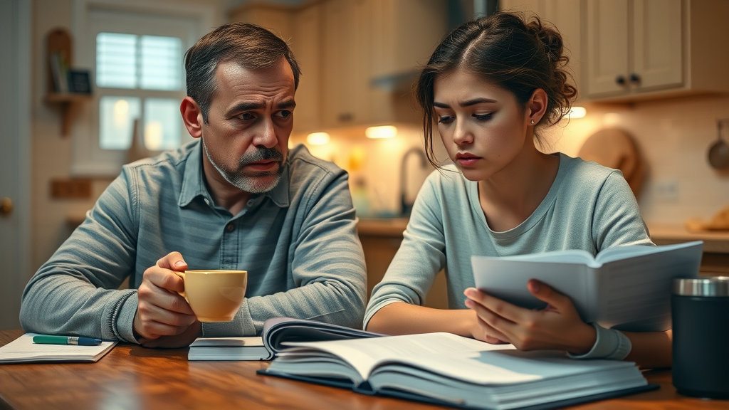 Concerned parent and frustrated teenager reviewing school work, illustrating teen academic struggles at home