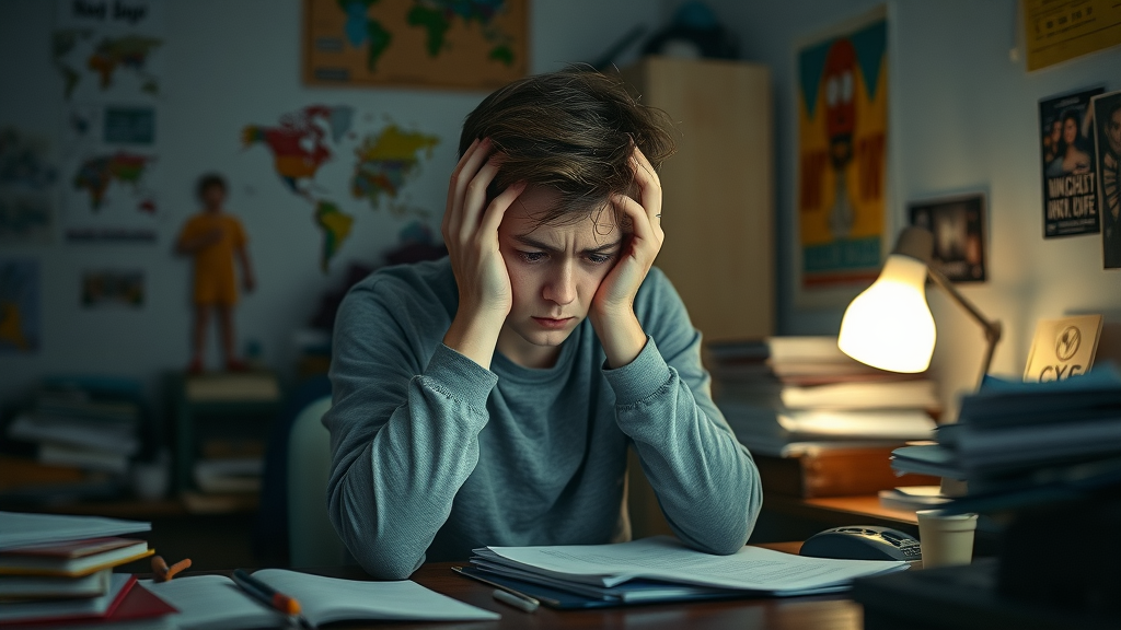 Teenager looking overwhelmed by teen academic struggles, anxious at desk, bedroom with schoolwork