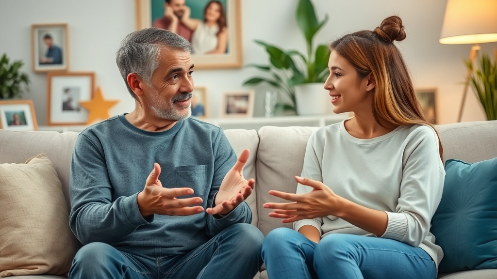 Supportive parent communicating with teen about academic struggles, demonstrating open conversation at home