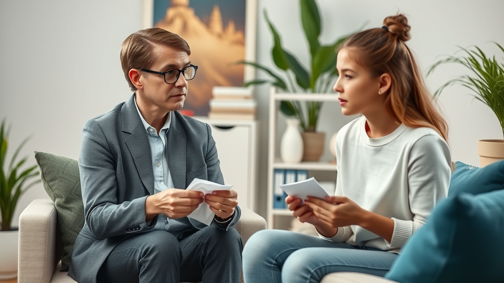Professional counselor supporting teen with academic struggles and mental health issues in therapy